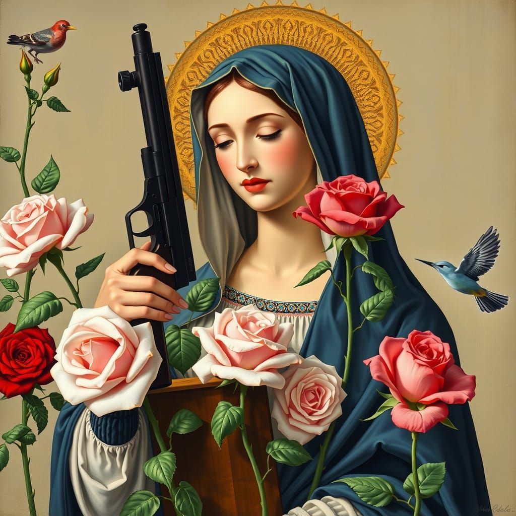 Mother Mary with Gun in Modernist Style