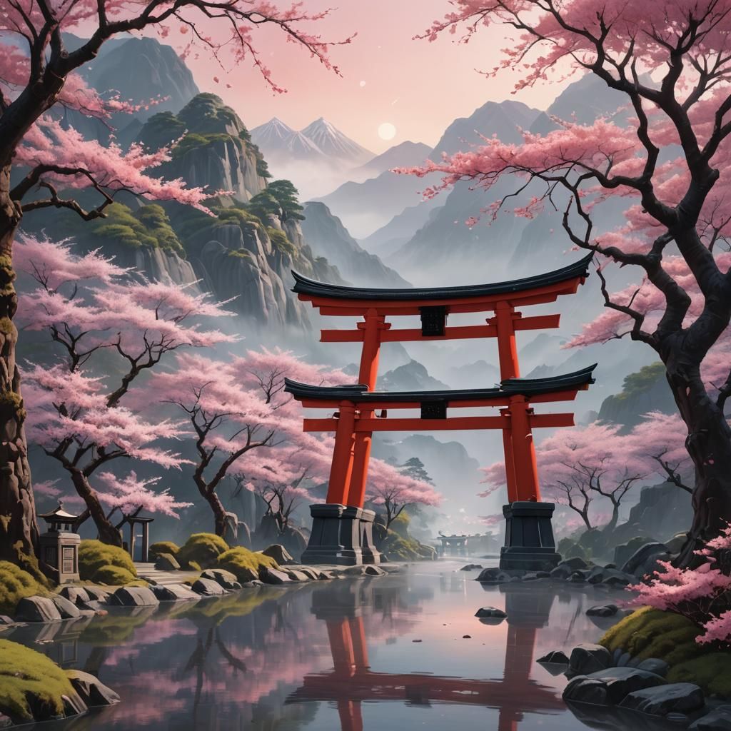 Japanese Landscape with Cherry Blossoms and Torii Gate