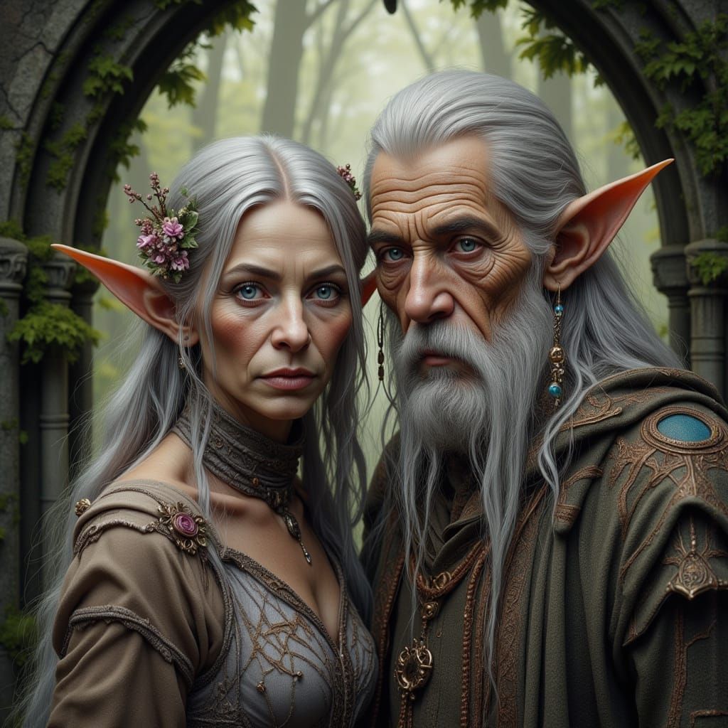 Ethereal Elder Elf Couple in Regal Attire