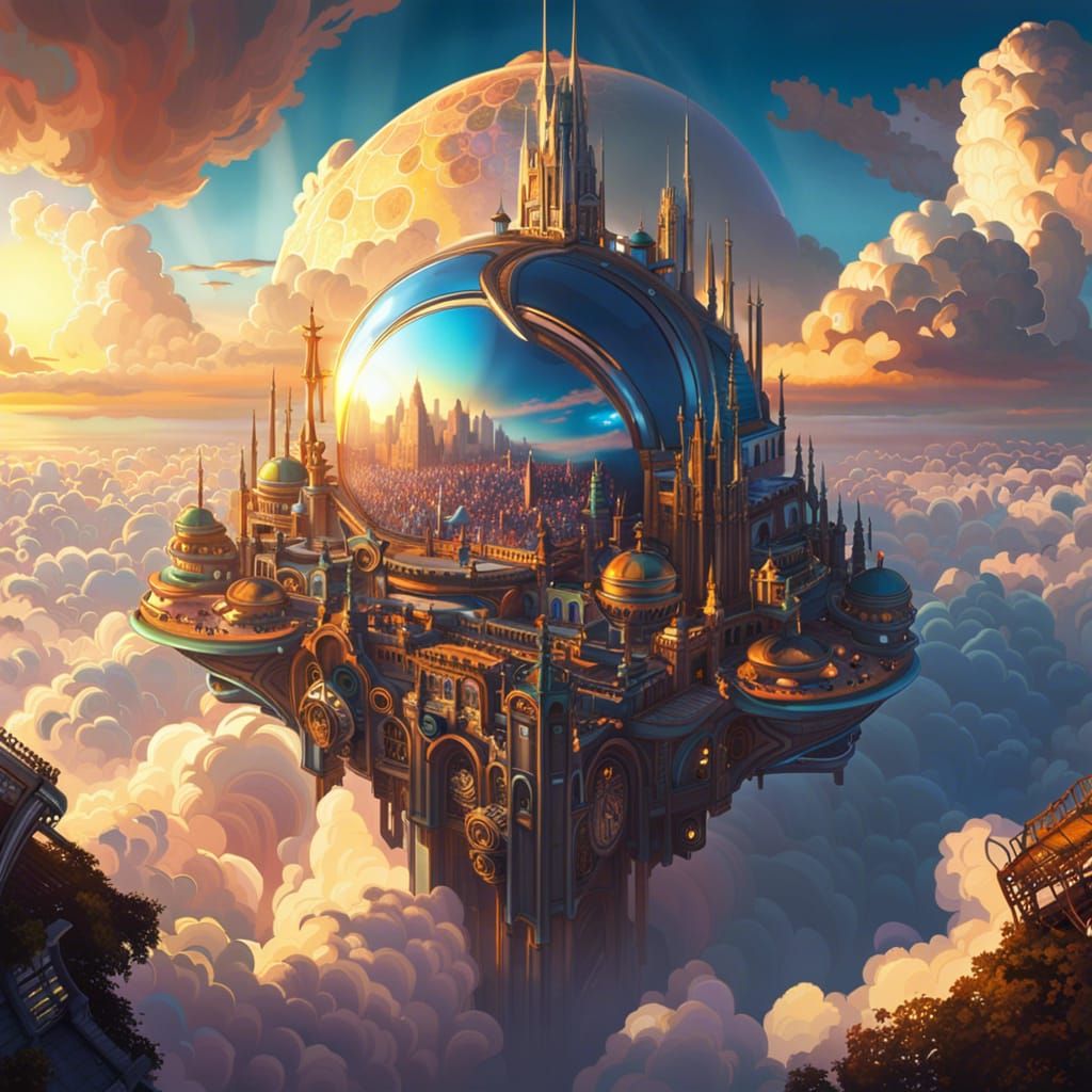 Solarpunk City in the Sky at Golden Hour
