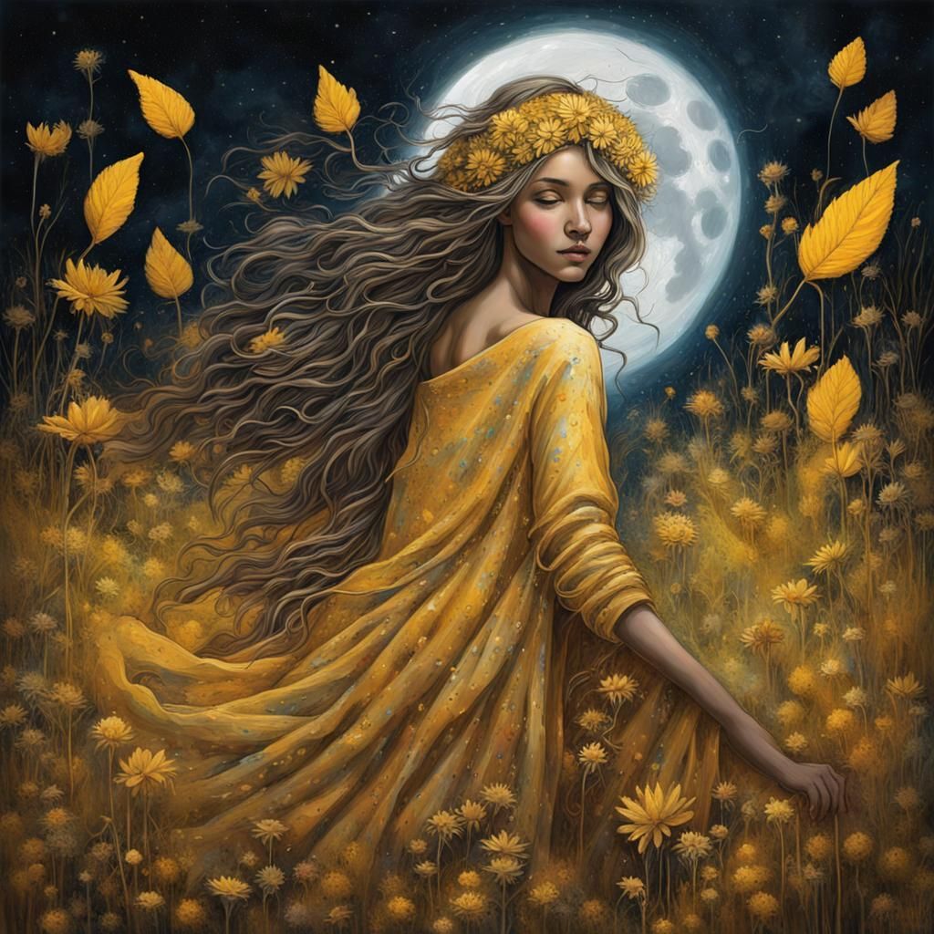 Goddess Walking Among Moonlit Flowers: Graffiti Art