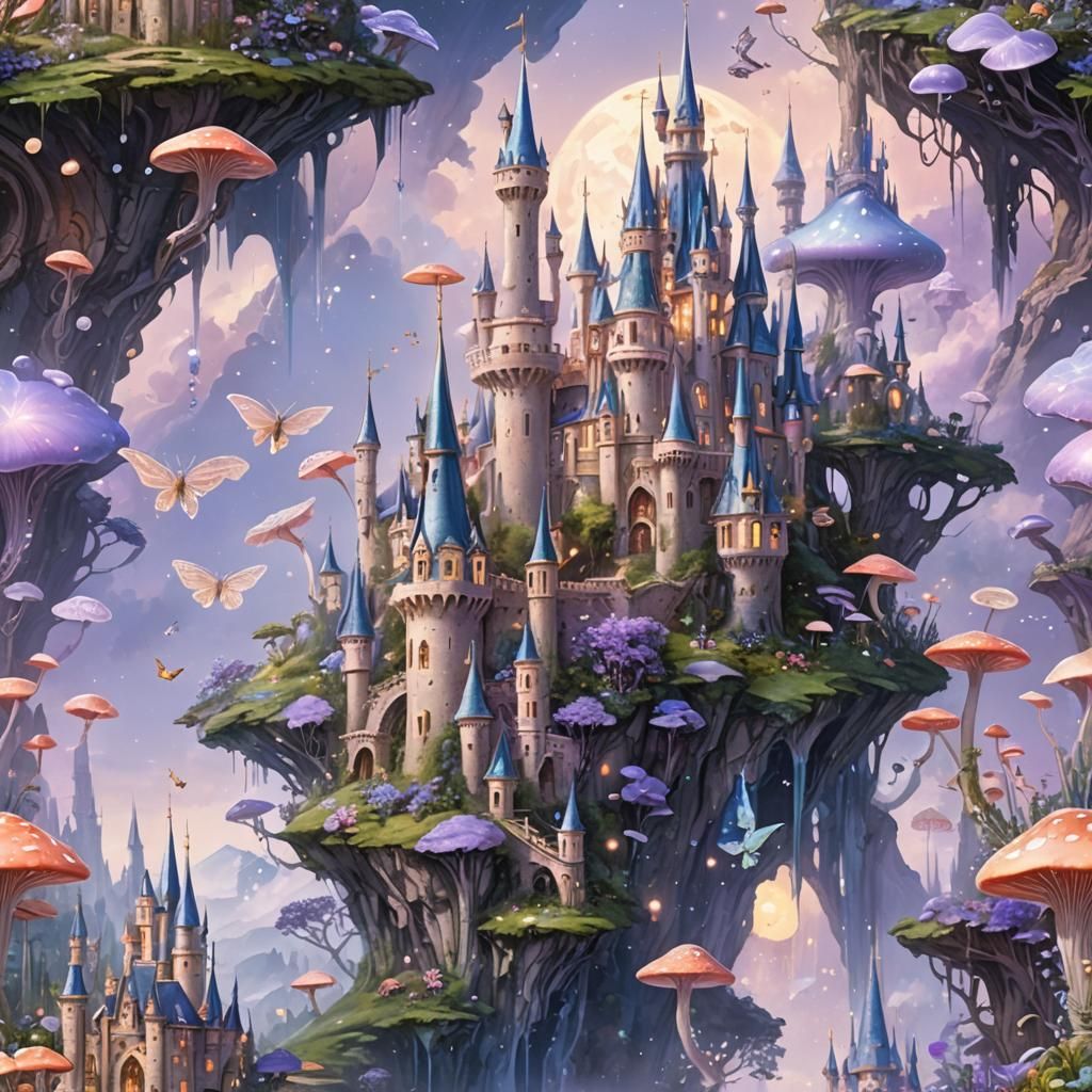 Fairies Around Ethereal Castle in Art Nouveau Style