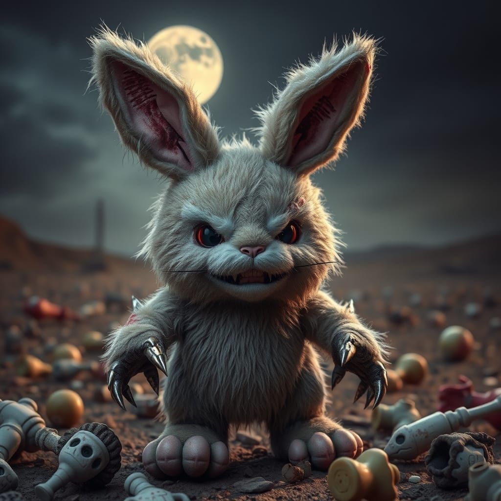 Menacing Bunny Toy on Moonlit Battlefield