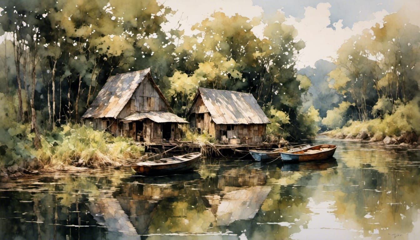 Boats Moored on Still River, Watercolor Style