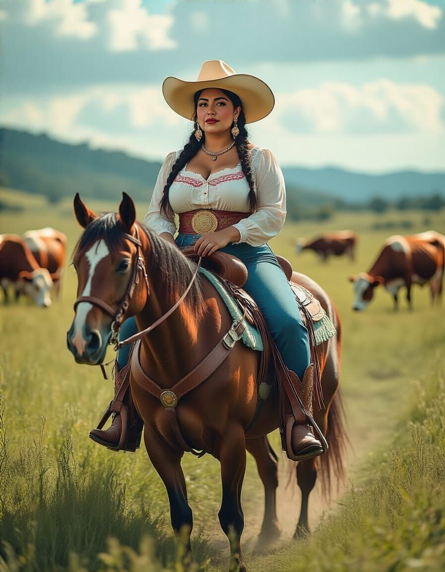 Mexican Cowgirl Rides Horse Through Lush Pasture