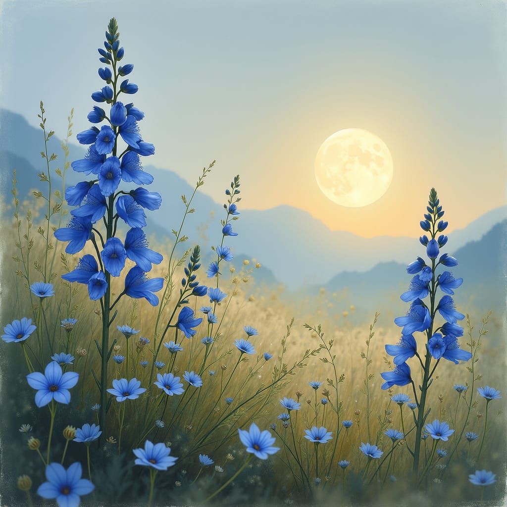 Blue Bellflowers Swaying in Lunar Light, Watercolor Style