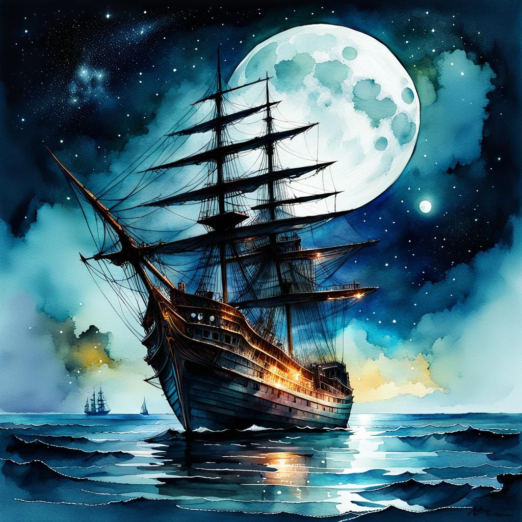 Lonely Ship on Galaxy Night in Watercolor Style
