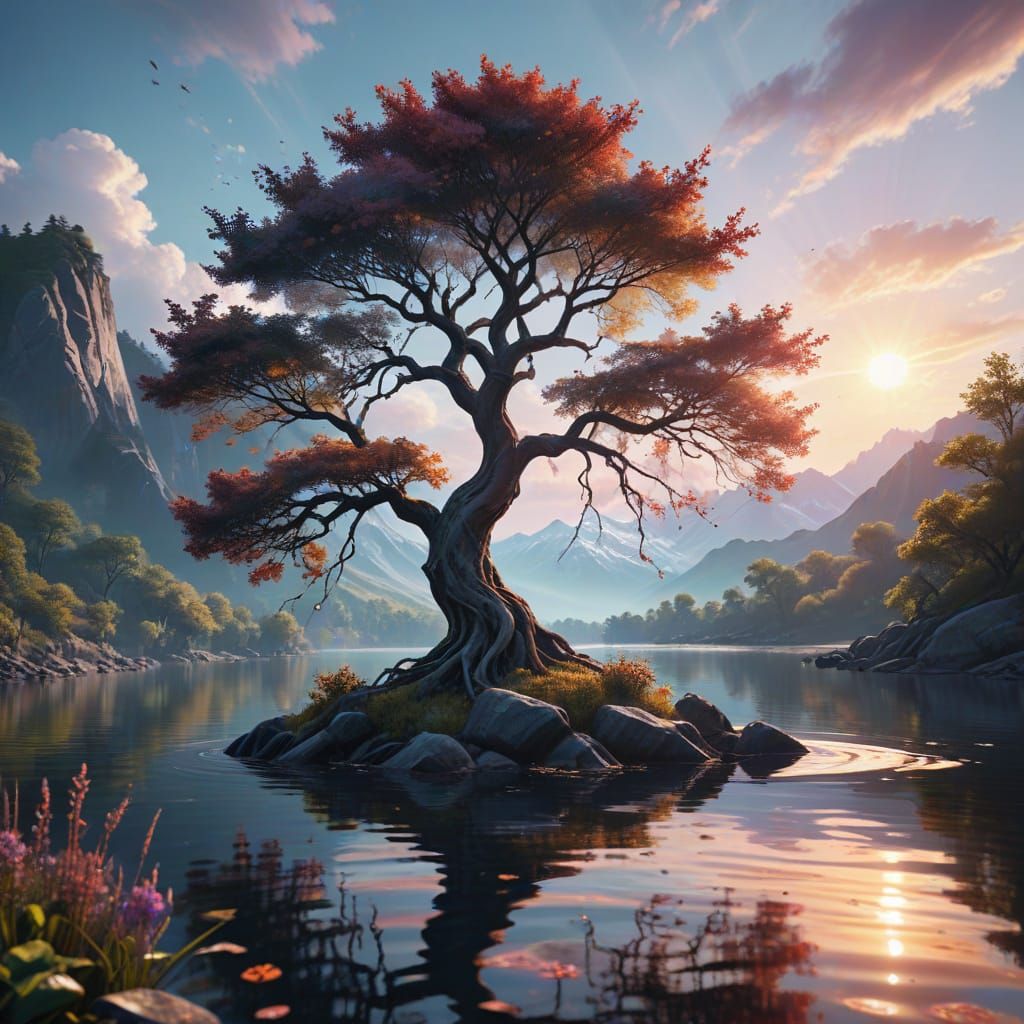 Watercolor Whimsy: Decorative Tree and Mountain Lake at Sunr...