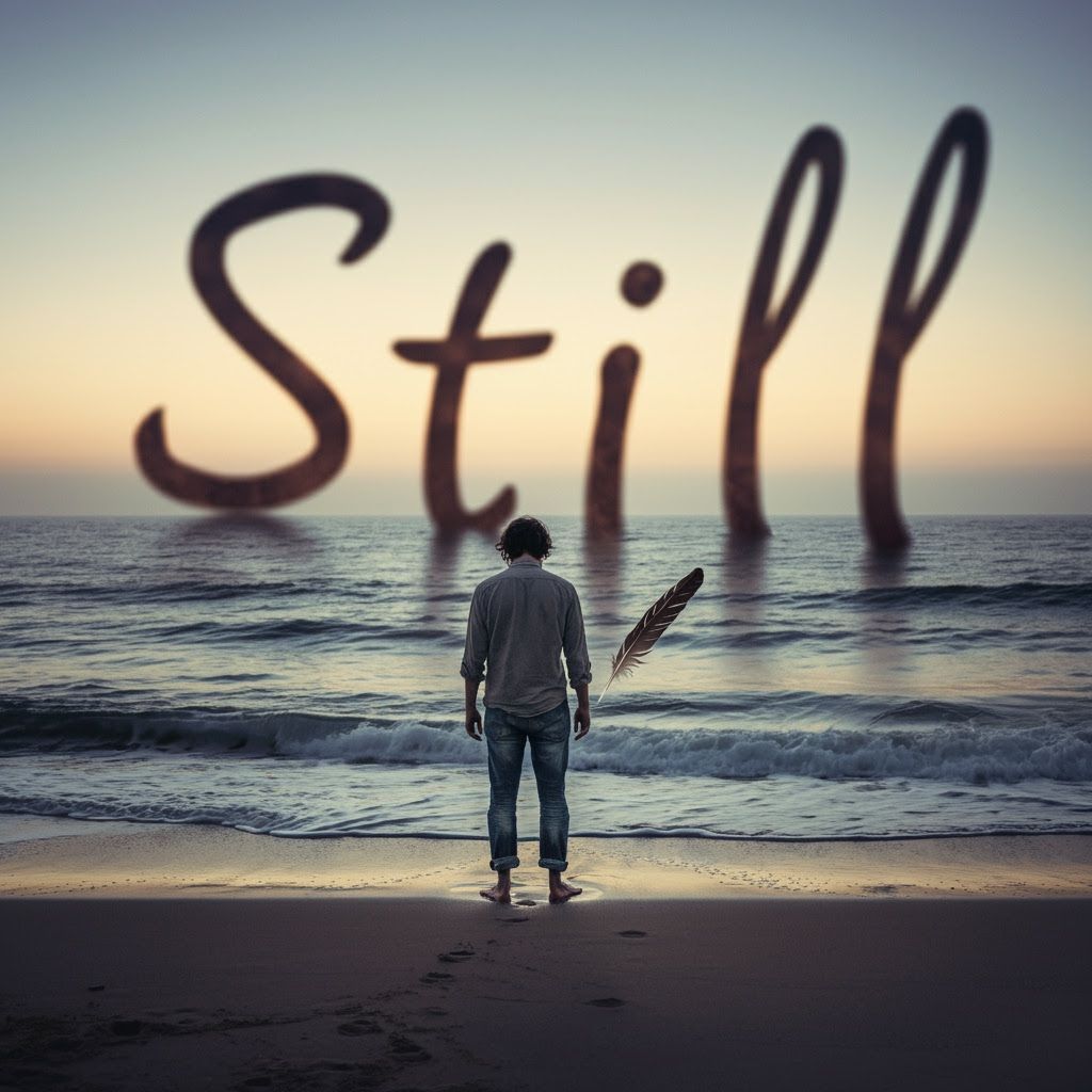 Man on Beach at Dusk with Shadow Word and Feather