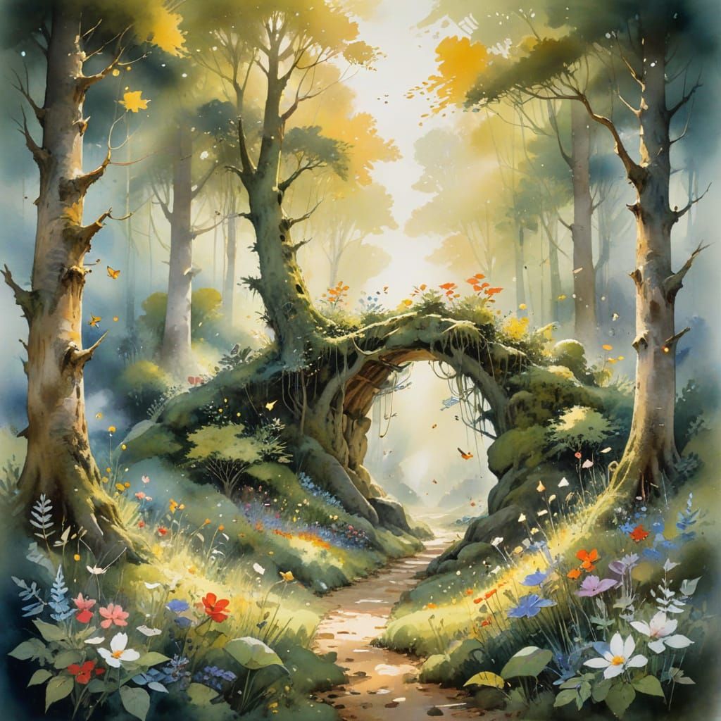 Whimsical Enchanted Forest Scene in Watercolour Style