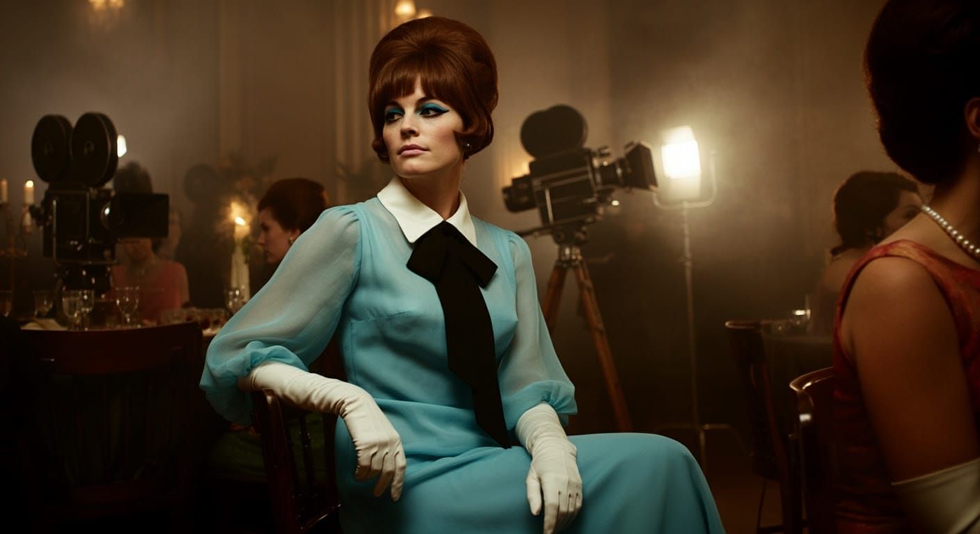 Elegant Woman in Refined 1960s Gown, Smoky Nightclub Backgro...