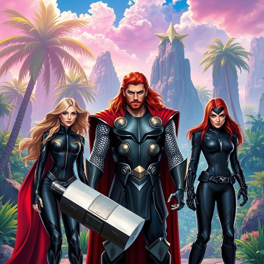 Thor, Black Canary, and Black Widow in Paradise