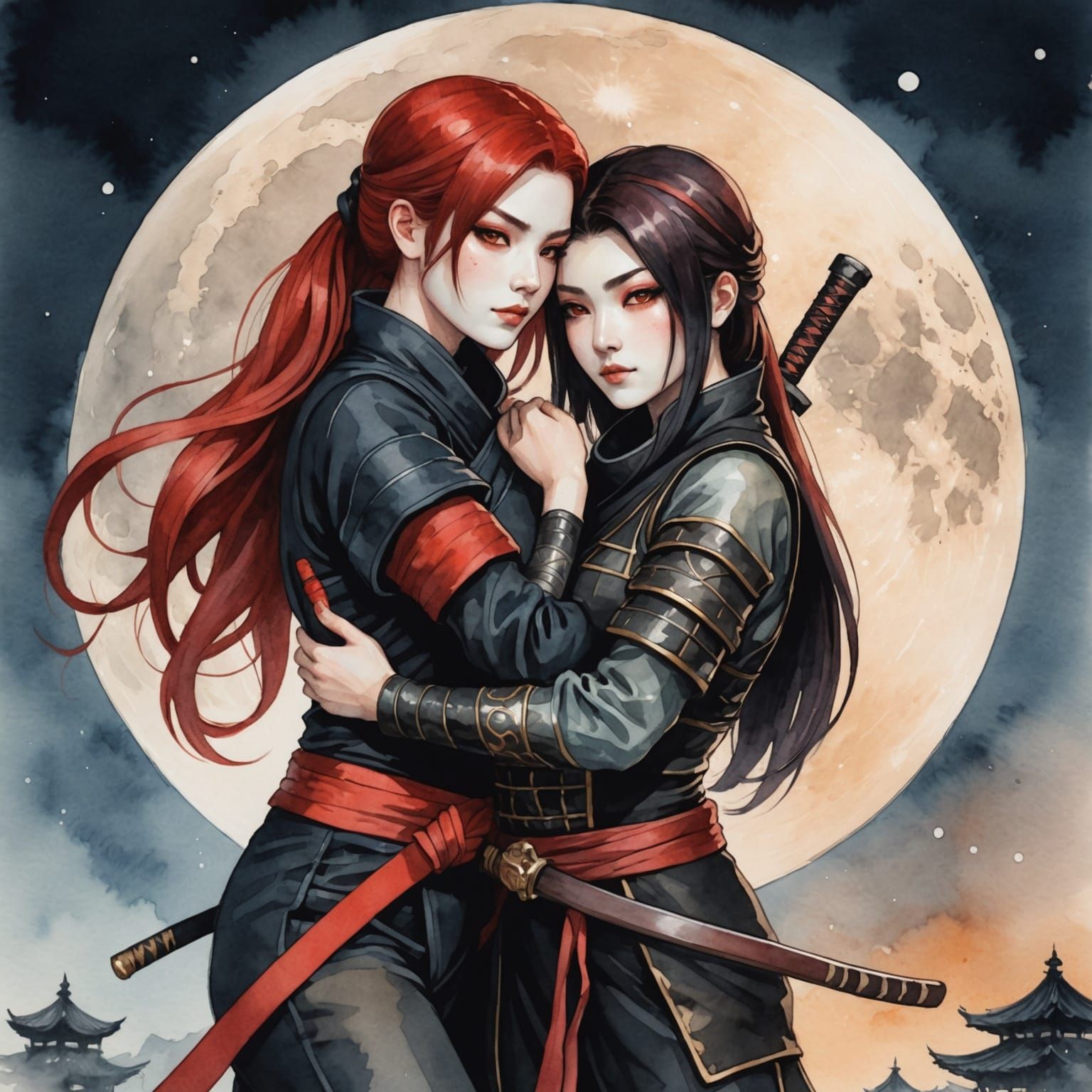 Two Ninjas Embrace Under the Moon in Watercolor