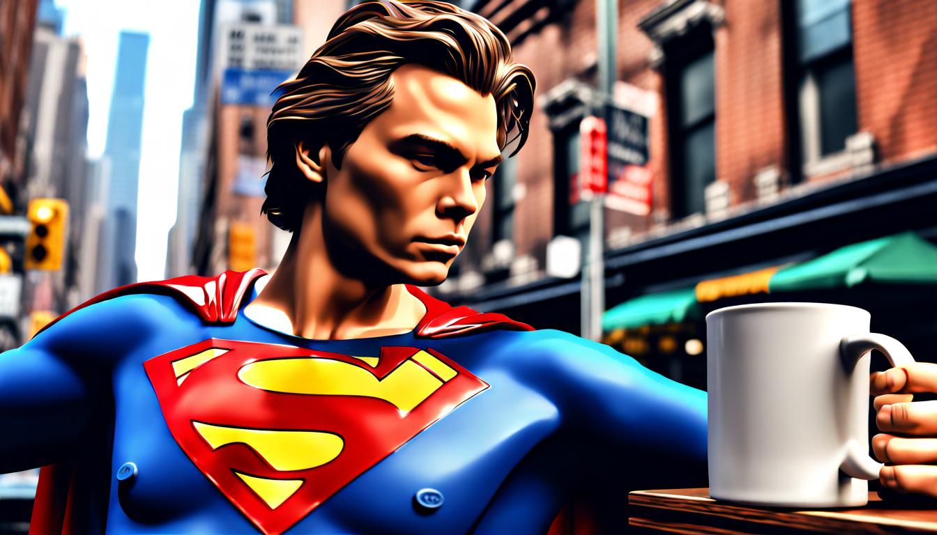 Person with Superman Likeness in NYC Cafe