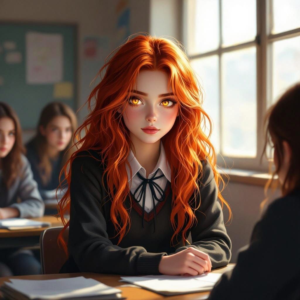 Mysterious High School Girl with Amber Eyes and Fiery Red Ha...
