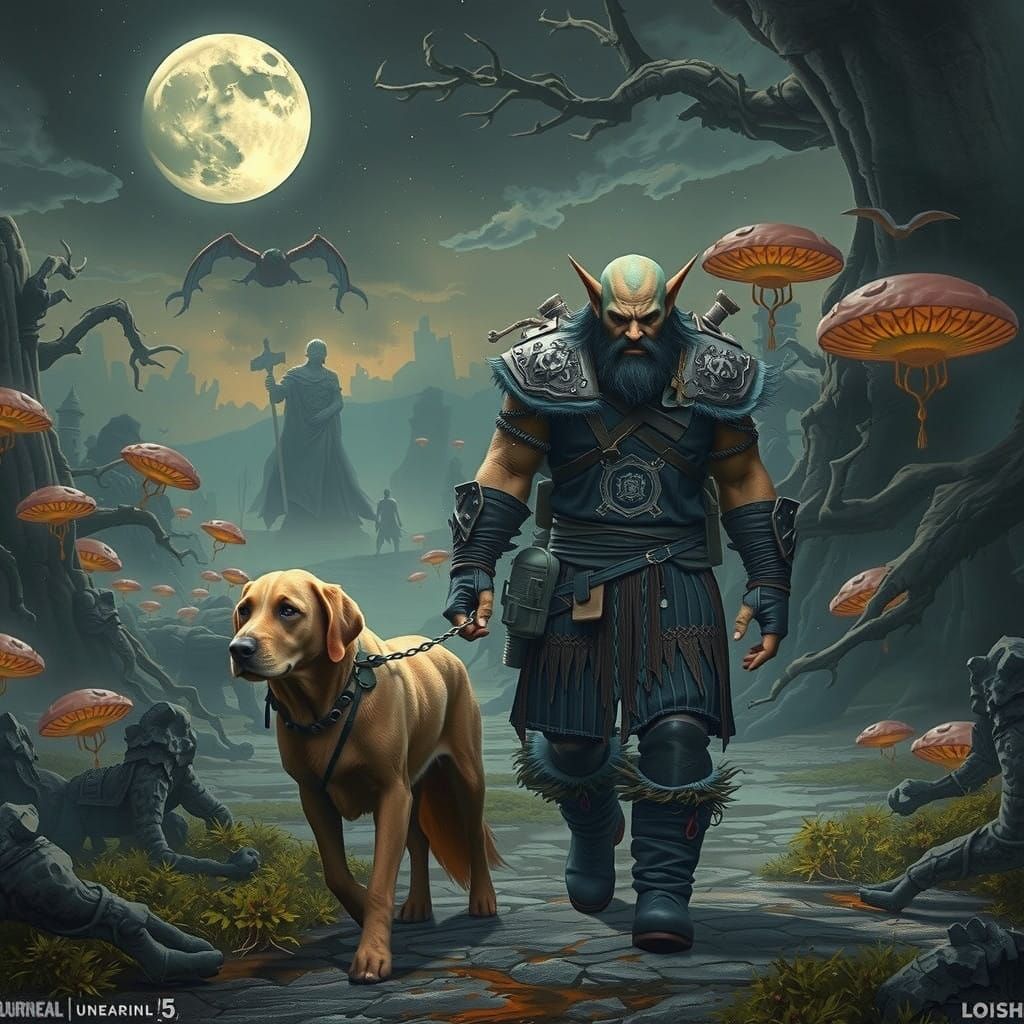 Majestic Orc Warrior Strolls in Lush Mystic Realm with Faith...