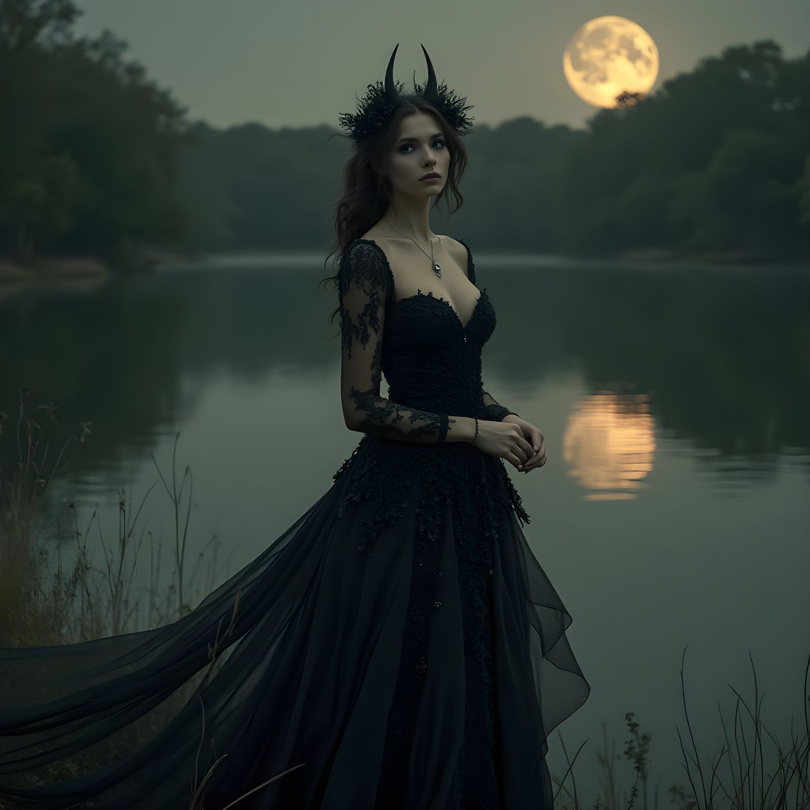 Mystical Woman with Demon Eyes in Art Nouveau Style