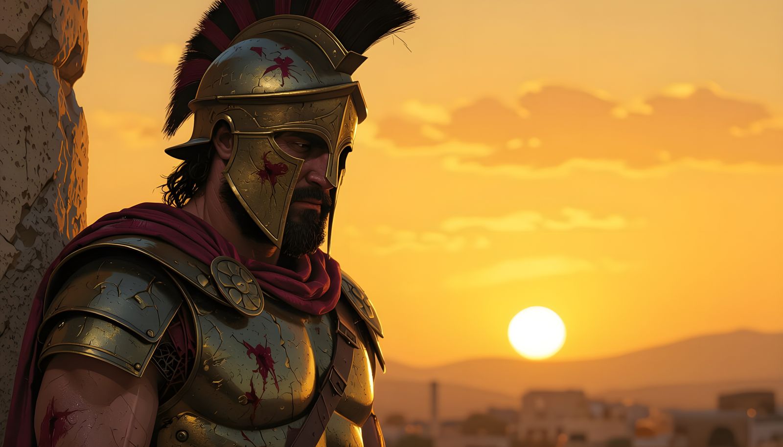 Weary Greek Warrior Contemplates Victory at Sunset