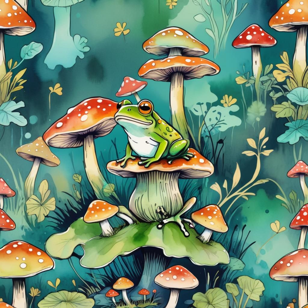 Cartoon Frog on Mushroom: Whimsical Line Illustration