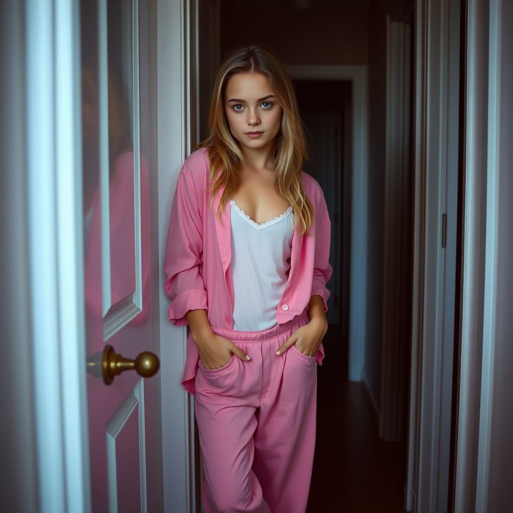 Cute Girl in Pink Pajamas in Dark Hallway
