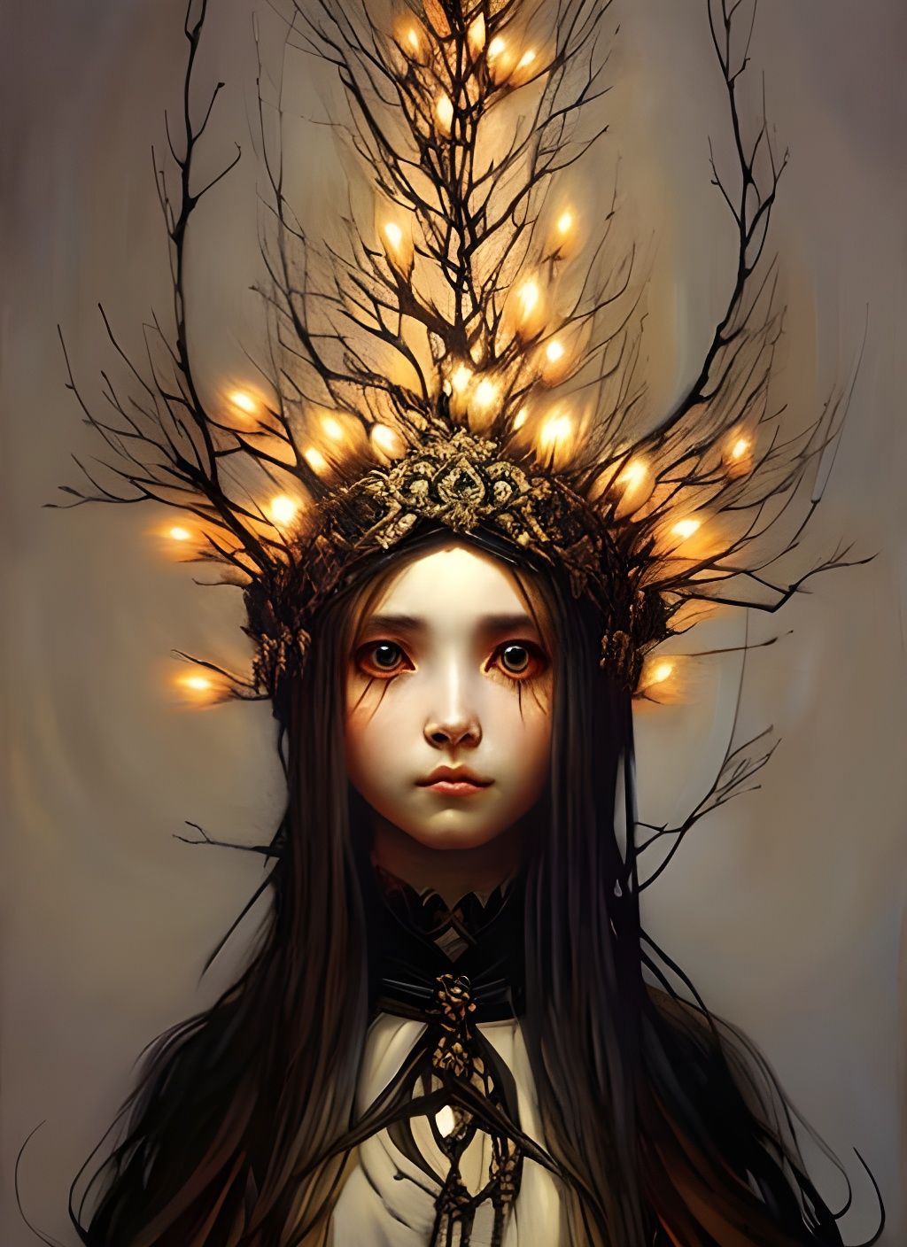Girl with Crown of Branches in Digital Art Style