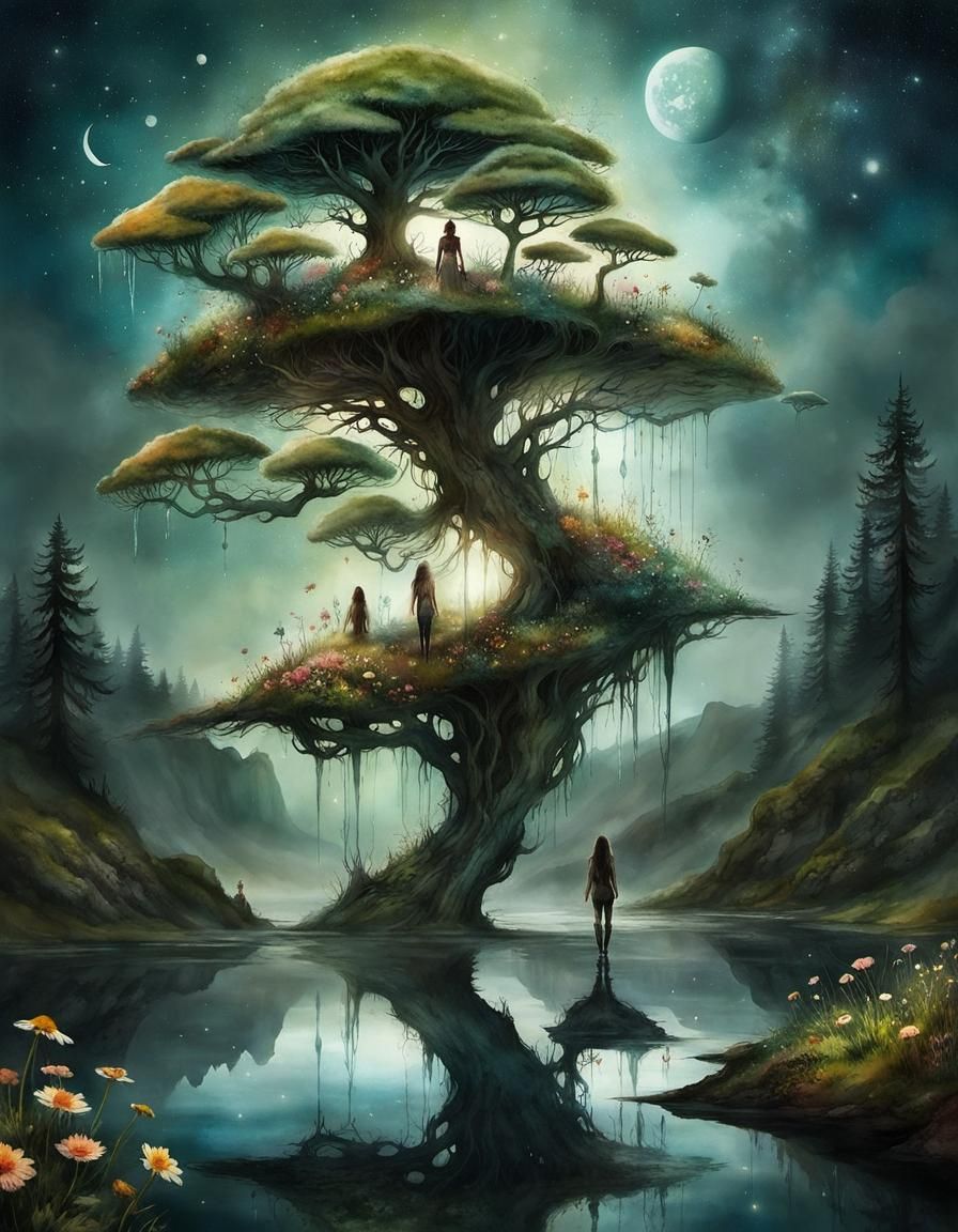 Surreal Watercolor Landscape with Flower Meadow