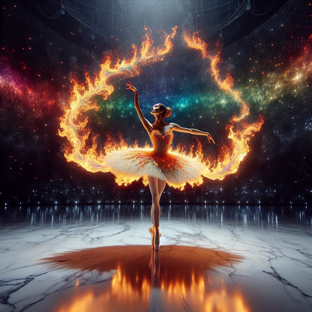 Rainbow Fire Ballerina Dances in Cosmic Light