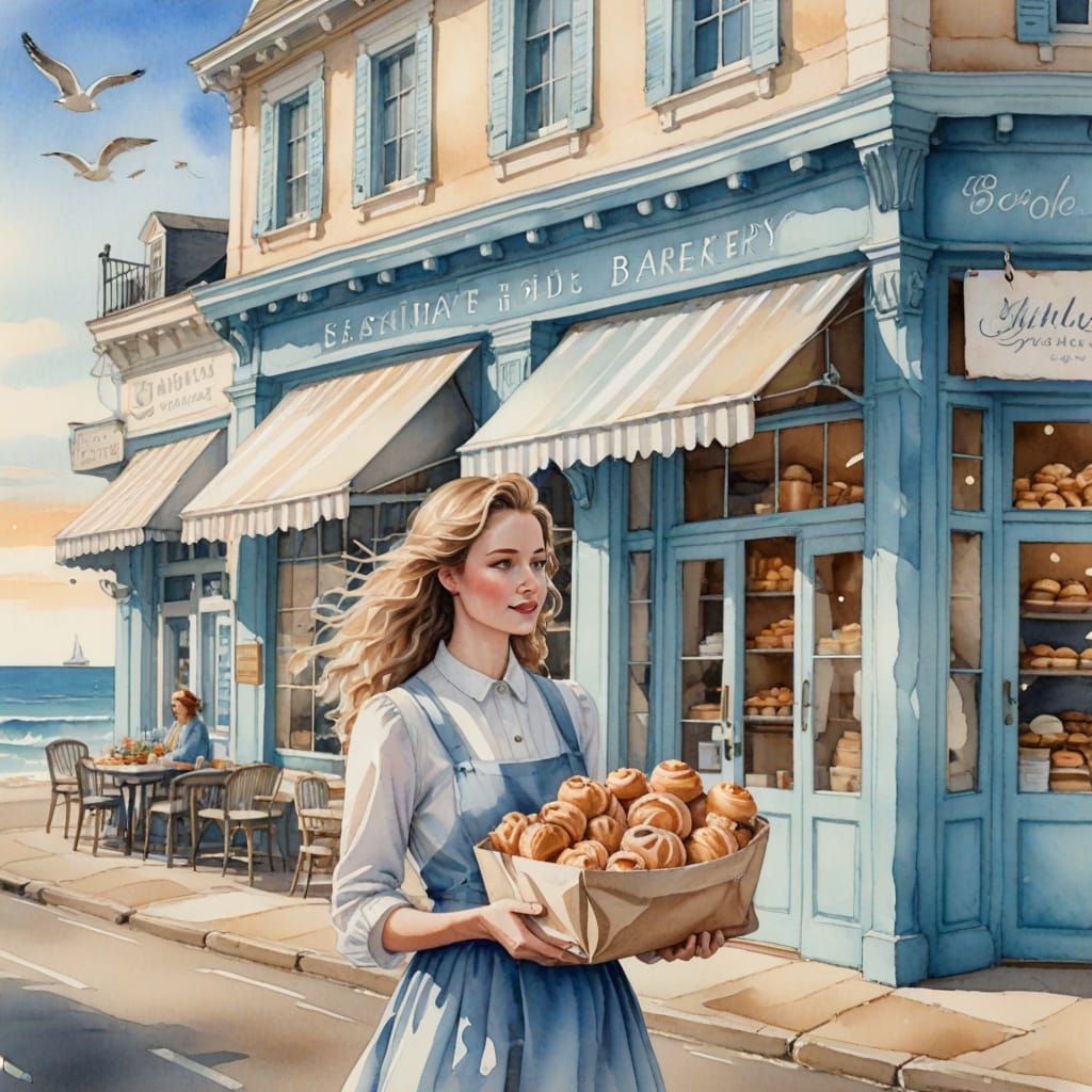 Seaside Bakery Watercolor Painting with Woman