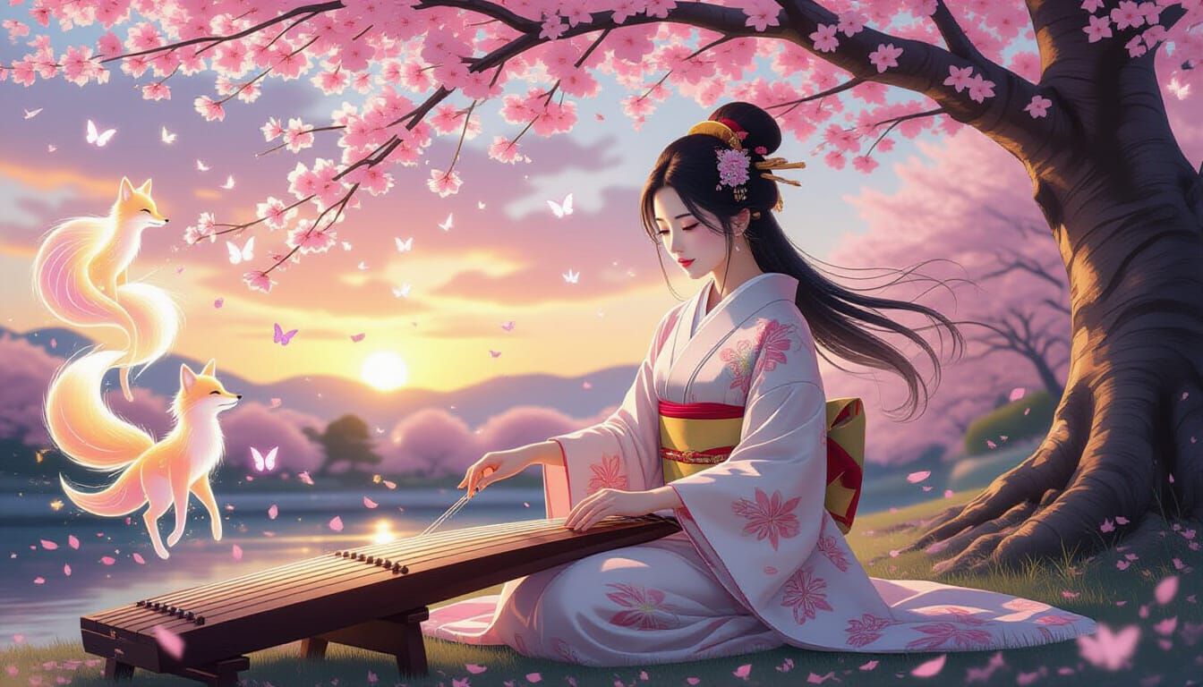 Japanese Woman Plays Koto Under Cherry Blossoms