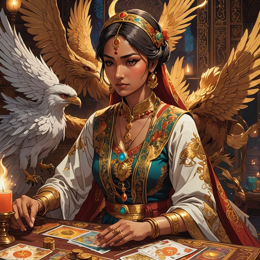 Anime Indian Lady Reading Tarot with Phoenix