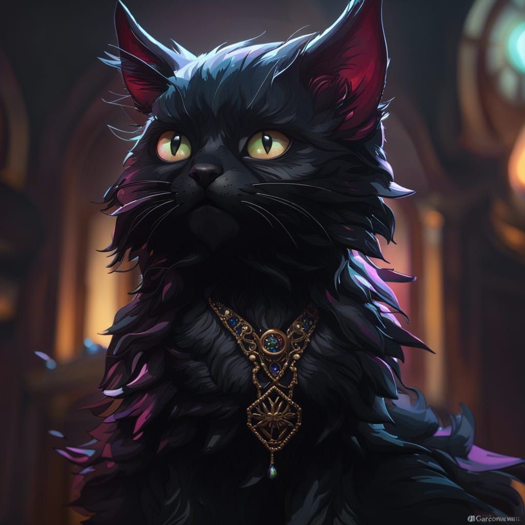 Goth Black Kitten Portrait in Hyperdetailed Style