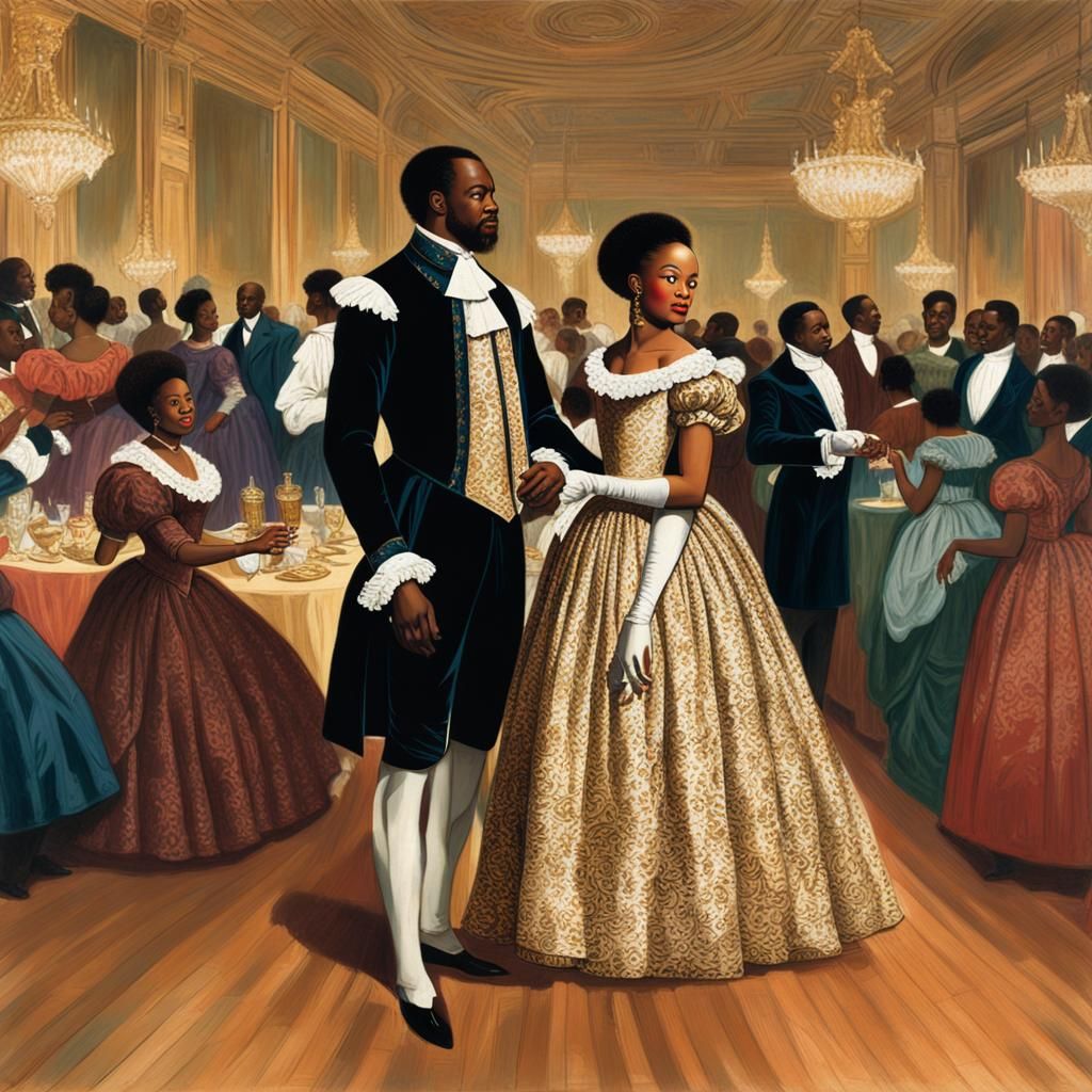 African American Couple in 17th Century Ballroom