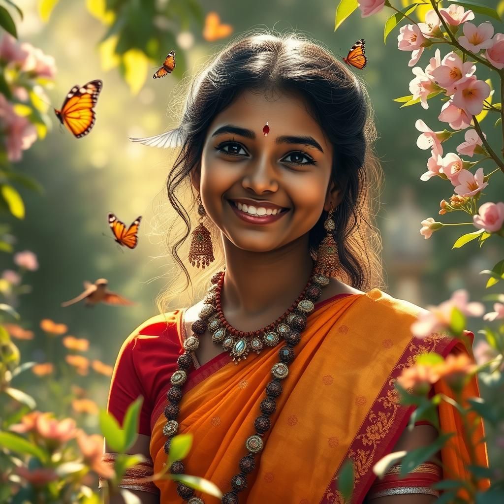 Indian Tribal Woman in Spring Garden, Hyperrealistic Style