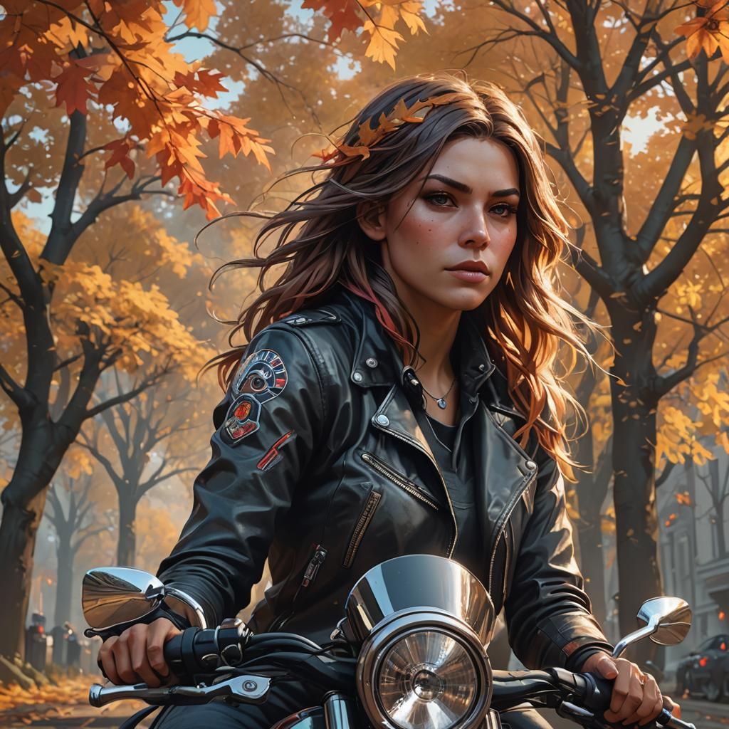 Autumn Biker Girl Portrait in Hyperdetailed Style