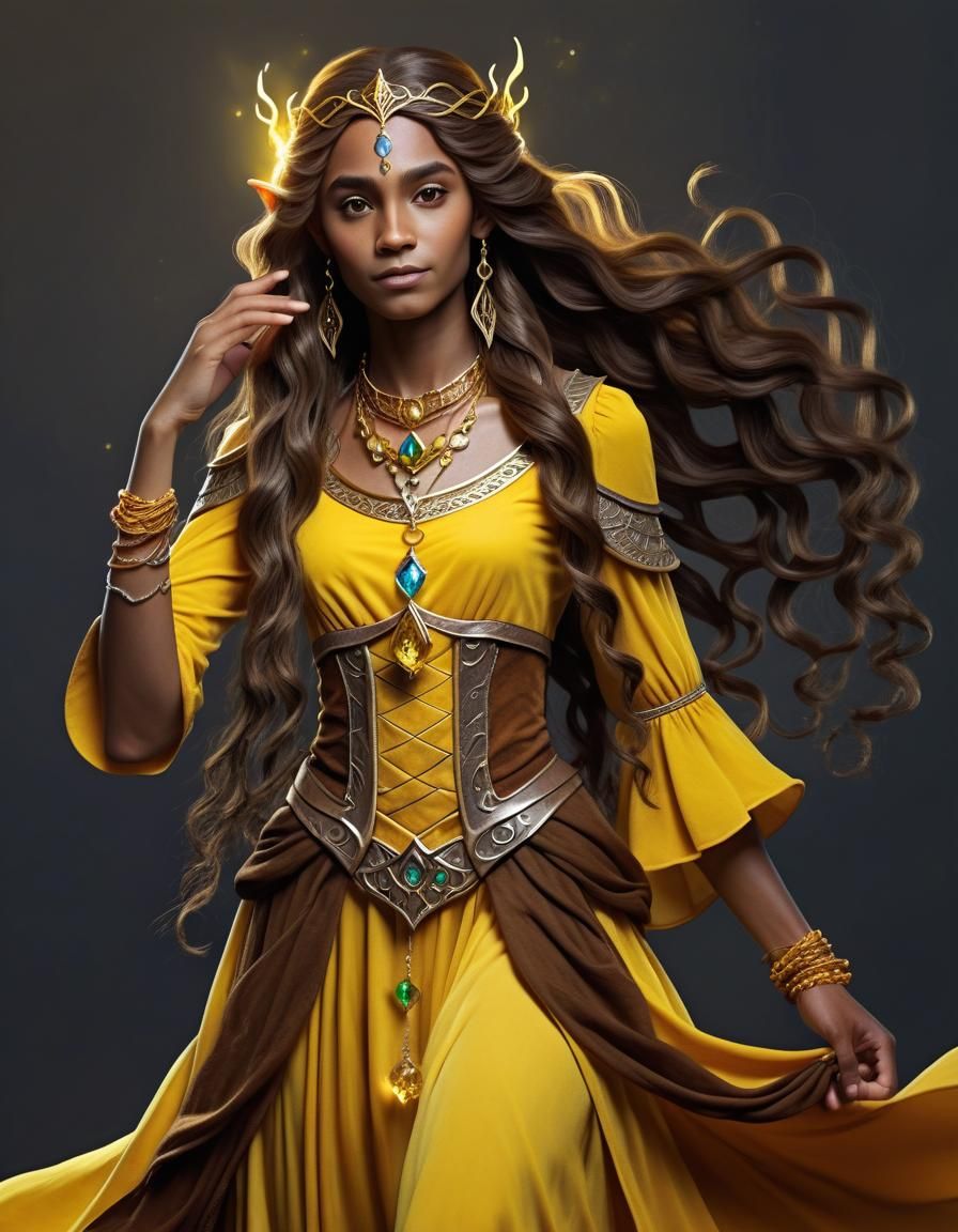 Elegant Half Elf Wizardess in Golden Attire