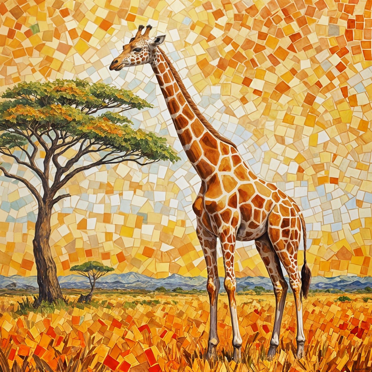 Mosaic Giraffe in African Savannah: Gouache Impressionism