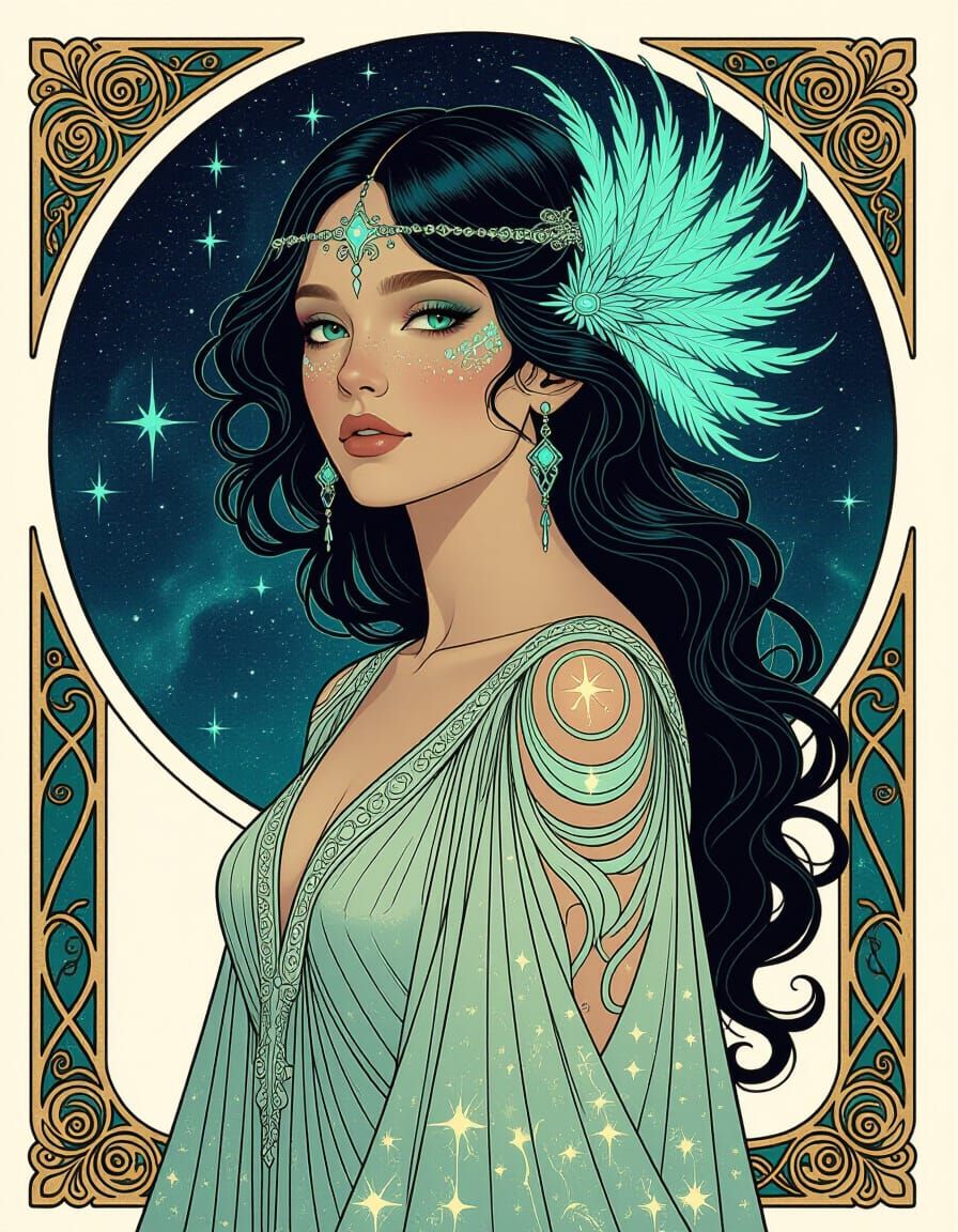 Bioluminescent Woman in Art Nouveau Style