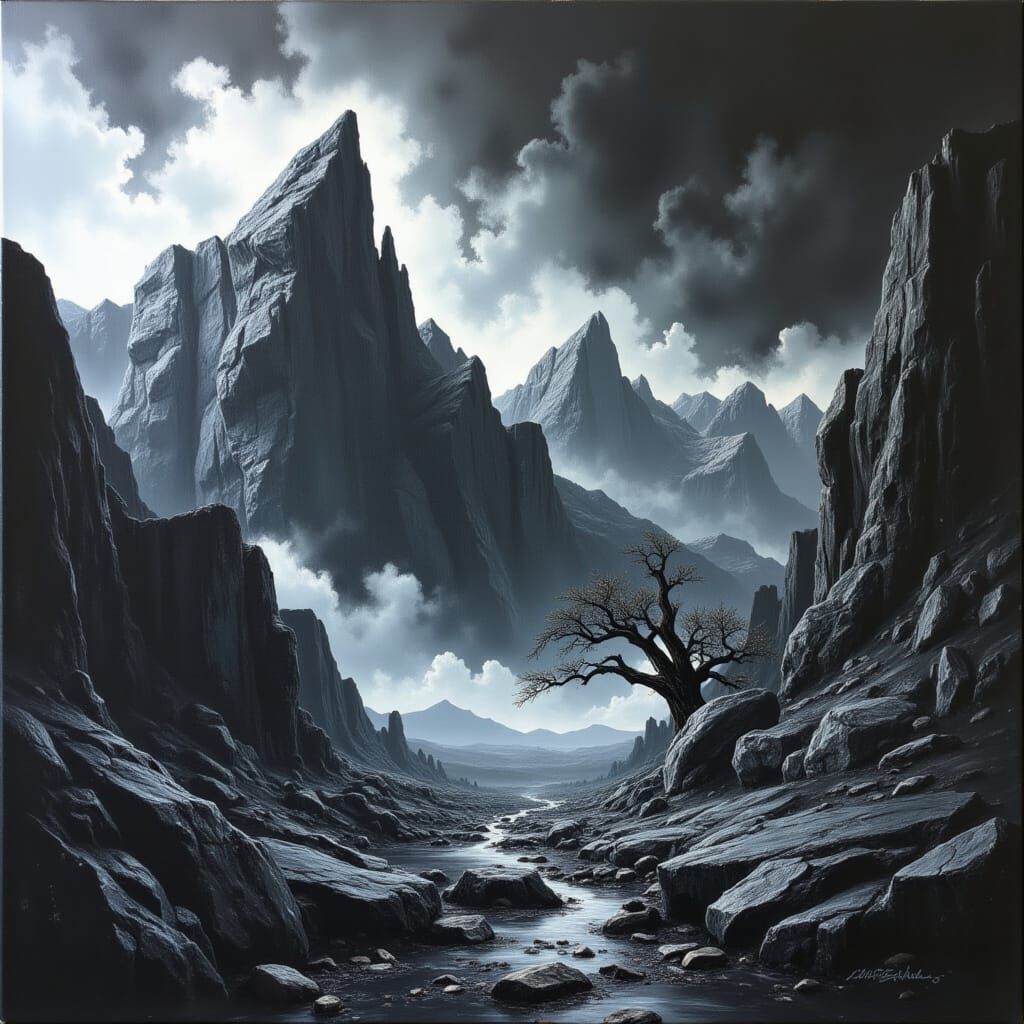 <lora:Black Canvas:1.0> A magnificent landscape scene painted entirely in bold black and white, using stark contrasts an...