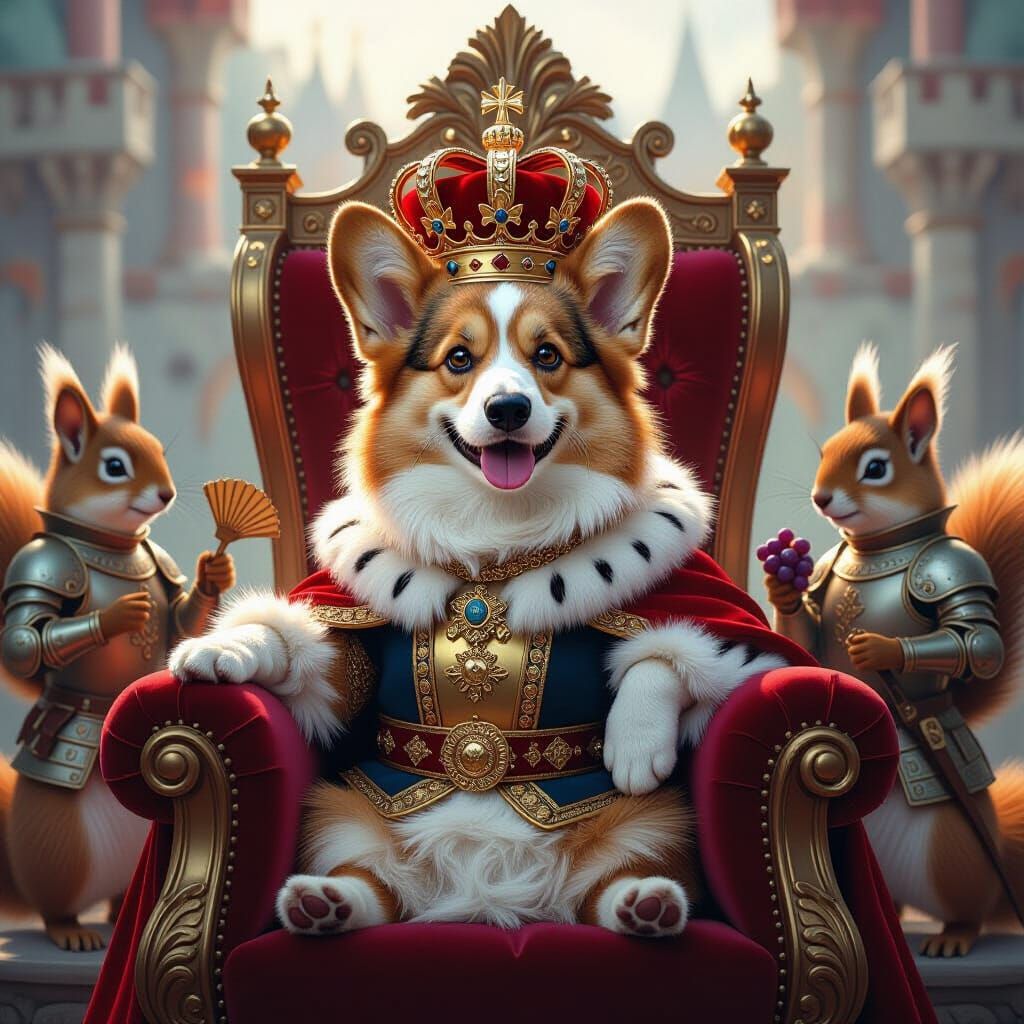 Corgi King on Throne with Squirrel Knights