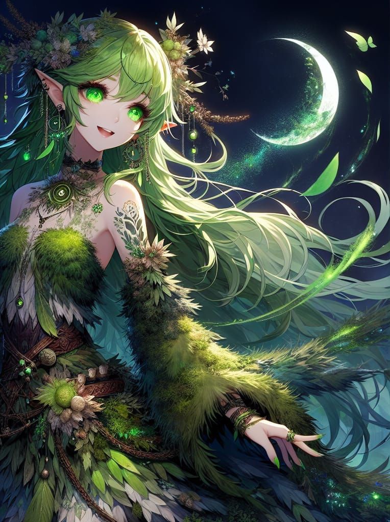 Anime Dryad Girl with Elemental Tattoos in Forest