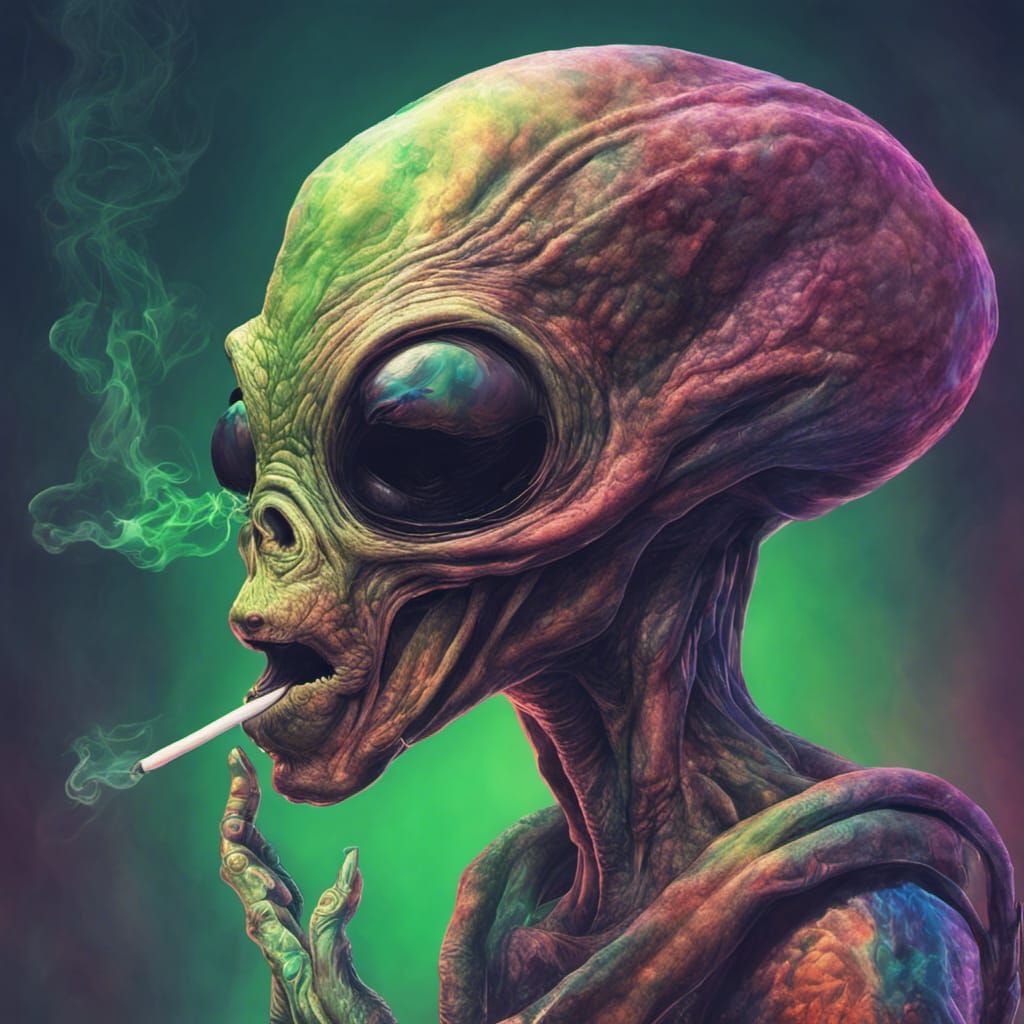 Hyperrealistic Alien Smoking Weed Splash Art