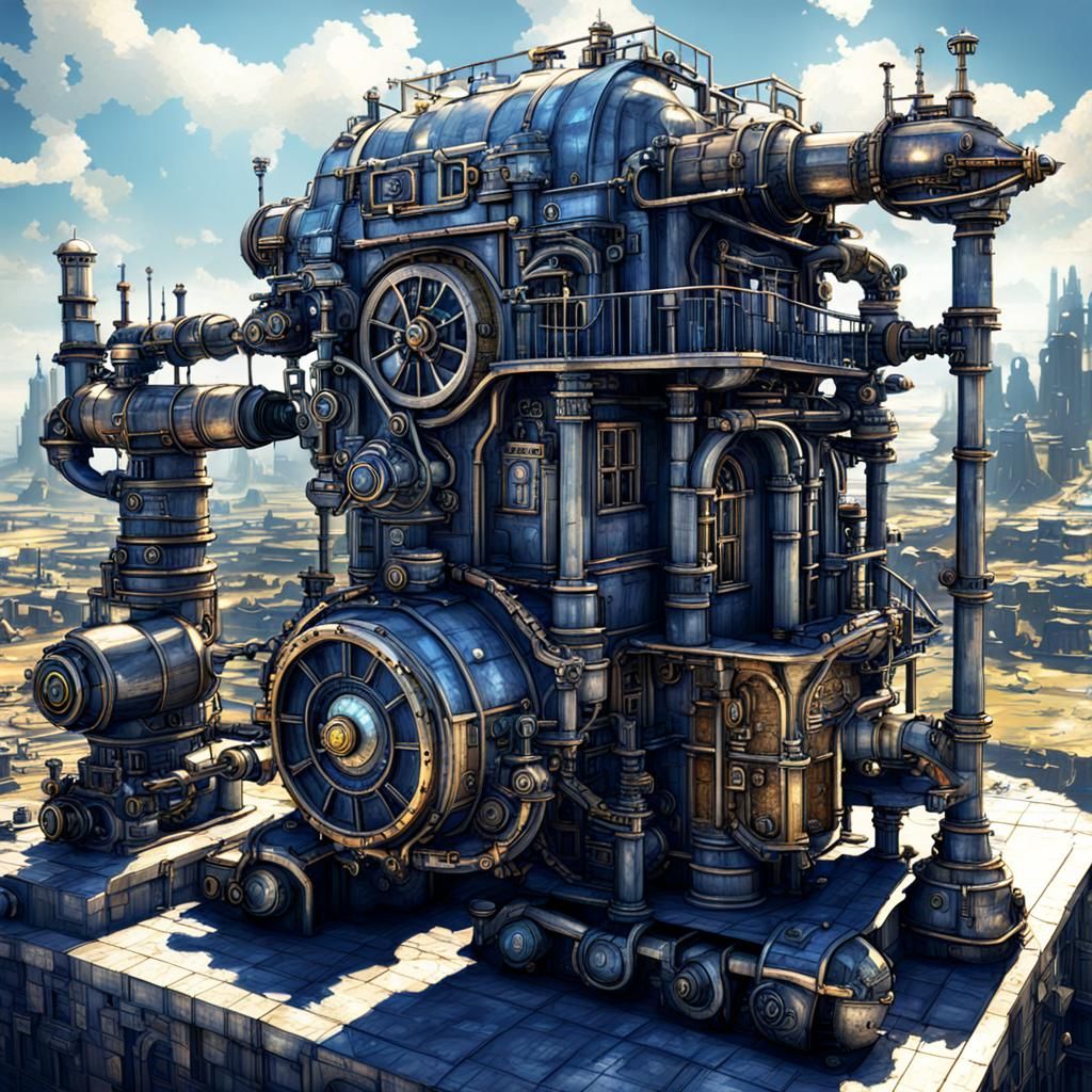 Steampunk Engine in Futuristic Metropolis