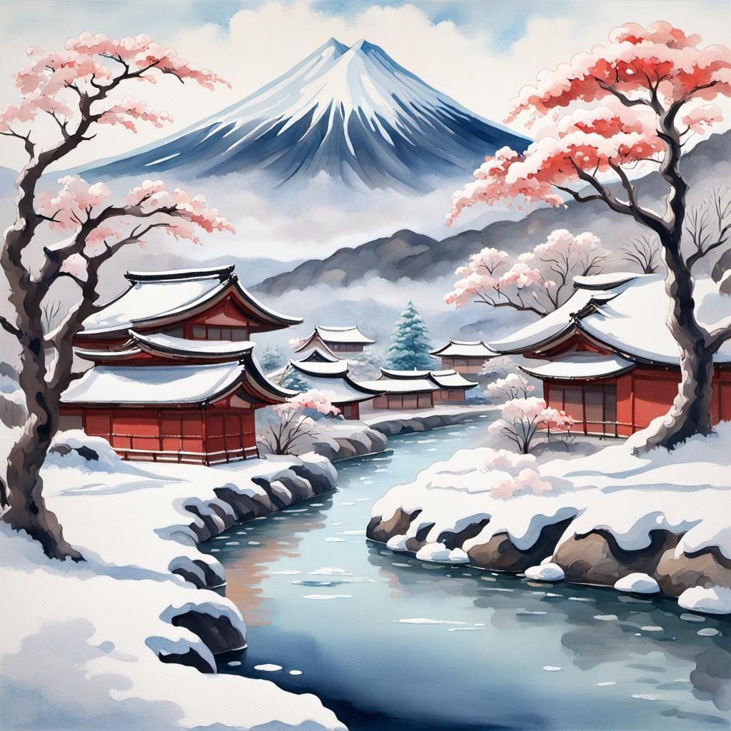 Icy Japanese Landscape in Gouache Style