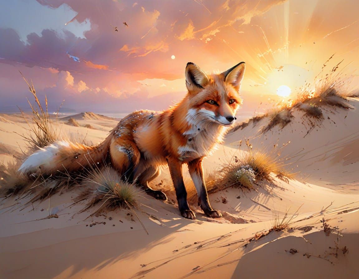 Spring Fox on Summer Dune in Watercolor Style