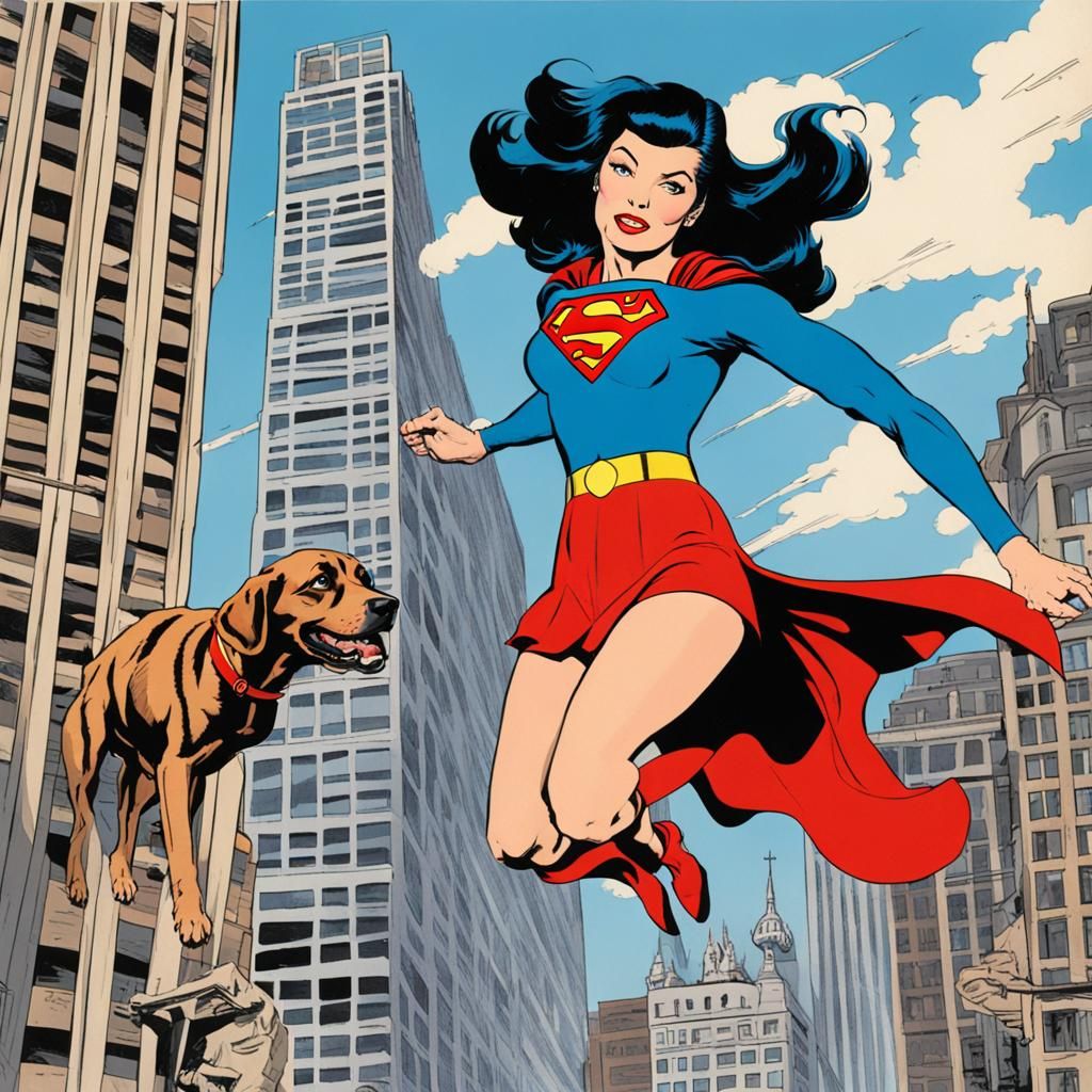 Bettie Page as Supergirl Flying Over Metropolis