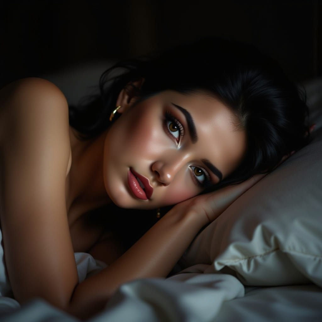 Woman Rests Head on Pillow, Staring Awake