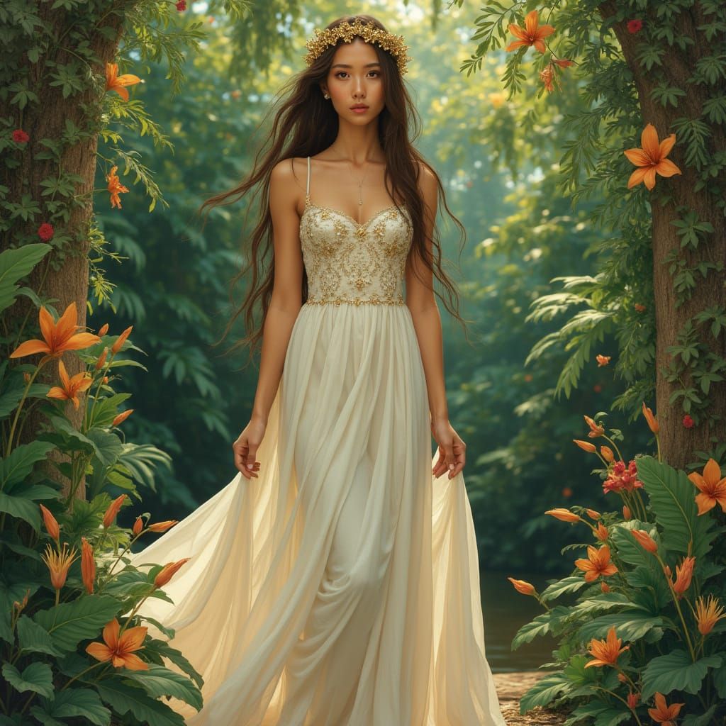 Serene Woman in Jardin d'Eden, Dreamy Symbolism Style