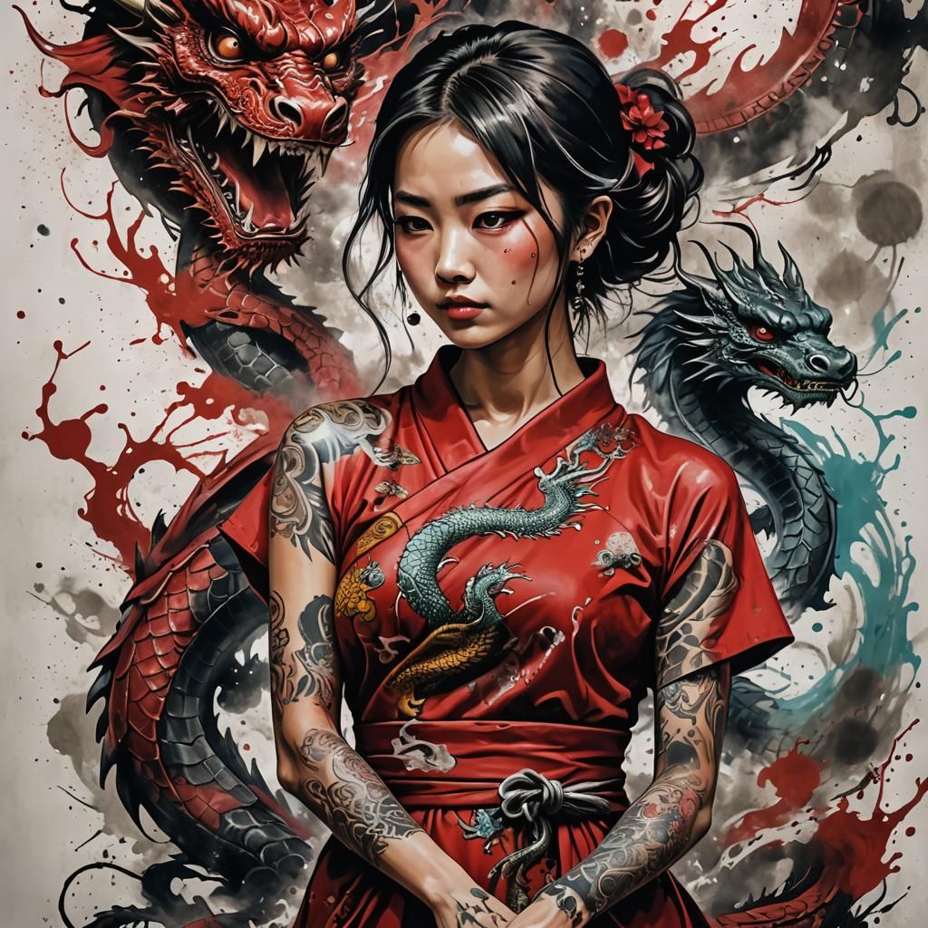 Japanese Woman with Dragon: Digital Art in Trash Polka Style