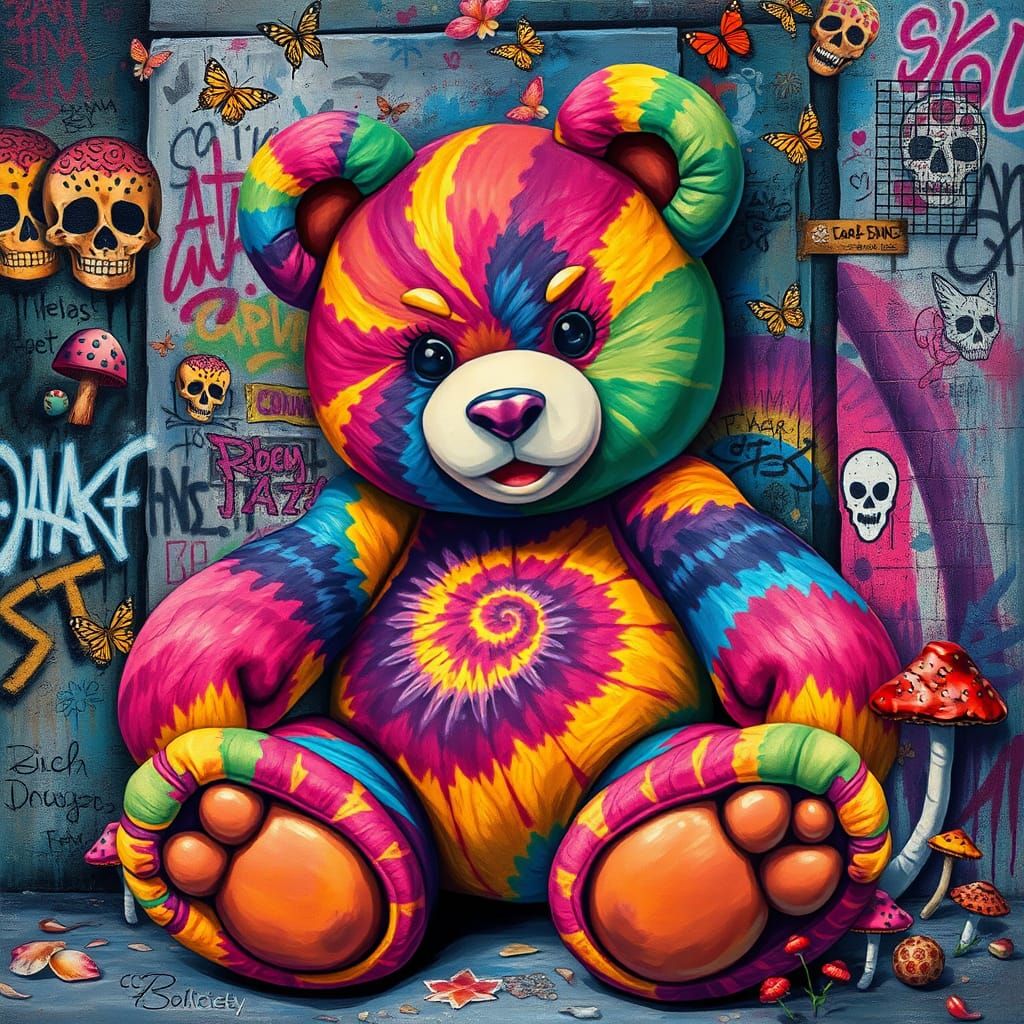 Psychedelic Tie-Dye Teddy Bear Graffiti Art