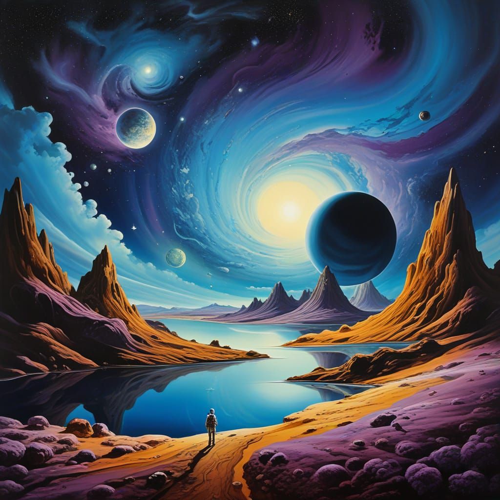 Astronaut Exploring Cosmic Landscape in Dalí Style